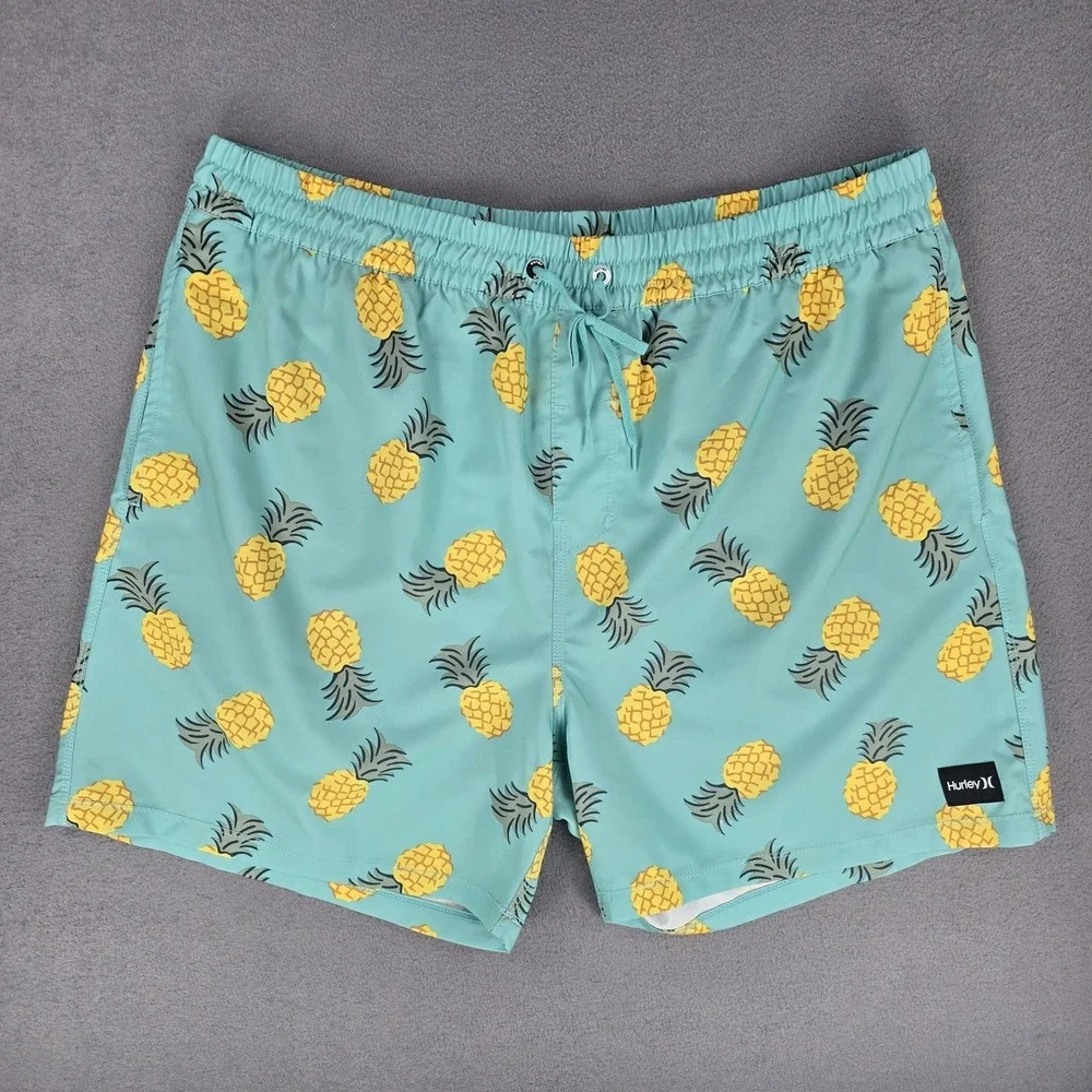 Hurley Swim Trunks Shorts Mens 2XL Blue‎ Pineapple Print Drawstring Quick Dry